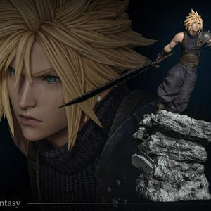 May include: A collectible figurine of Cloud Strife from Final Fantasy, featuring a detailed character with spiky blonde hair, blue eyes, and a dark outfit, holding a large sword while standing on a textured gray rock base against a dark background.