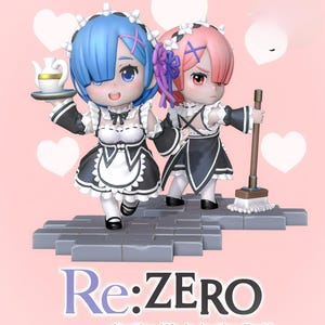May include: Two chibi-style anime figurines of maid characters, one with blue hair holding a white teapot on a tray and one with pink hair holding a mop. They stand on a gray stone-like base against a pink background with white hearts and the text Re:ZERO -Starting Life in Another World-.