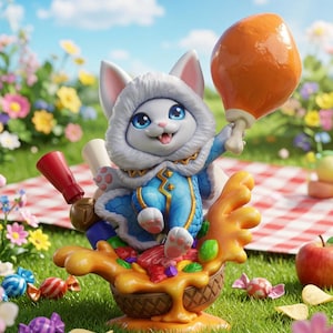 May include: A white cat figurine with large blue eyes, wearing a blue and white hooded outfit, holding a large orange chicken leg. The cat sits in a brown basket filled with colorful candies and orange liquid, surrounded by scattered sweets.