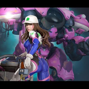 May include: A character with long brown hair wearing a white baseball cap, a blue and pink bodysuit, and white gloves, standing in front of a large pink mechanical robot with a dark cockpit and mounted cannons on its shoulders and arms.