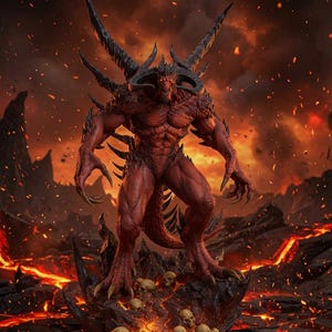 May include: A red, muscular demon figurine with large curved horns, sharp claws, and multiple black spikes protruding from its back. The creature stands on a dark, rocky base scattered with human skulls amidst a fiery, volcanic landscape.
