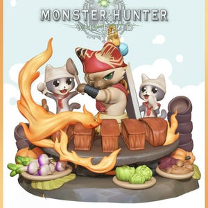 May include: A Monster Hunter World figurine featuring three cat-like creatures cooking meat on a grill with orange flames. The central figure wears a red bandana and holds a large sword, while two smaller figures hold cooking utensils nearby.