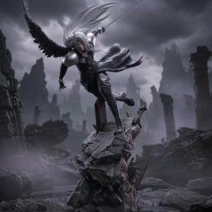May include: A detailed figurine of a long-haired character with one black wing, wearing dark armor and a flowing coat, wielding a long sword while leaping from a jagged, rocky stone base against a dark, cloudy, and desolate landscape.