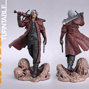 May include: A collectible figurine of a silver-haired character wearing a long red coat, black shirt, and black pants. The figure holds a large sword over the shoulder and a handgun in the other hand, standing on a textured, organic-looking base.