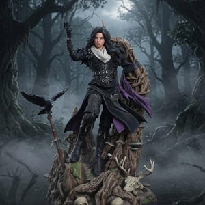 May include: A detailed figurine of a dark-haired figure in a black coat, white scarf, and boots, standing on a gnarled tree base with skulls and a deer skull. A black raven perches on a sword handle to the left, with purple fabric accents.