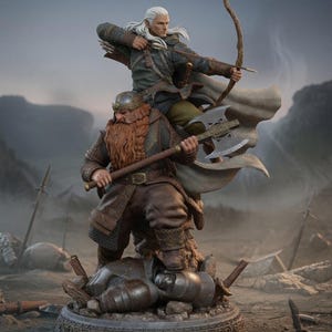 Pode incluir: Uma estatueta detalhada apresentando um arqueiro elfo de cabelos longos mirando um arco atrás de um guerreiro anão barbudo segurando um machado de lâmina dupla. Ambas as figuras usam armaduras texturizadas sobre uma base circular.