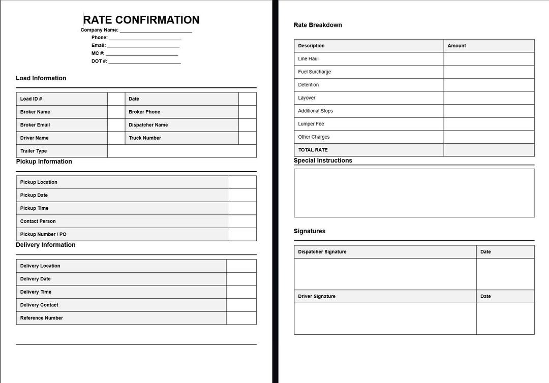 Rate! Con Template.pdf Dispatch Rate Confirmation Sheet Template | Editable PDF - Etsy