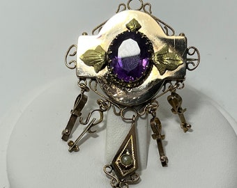 Vintage 10K Yellow Gold Amethyst and Seed Pearl Dangle Brooch