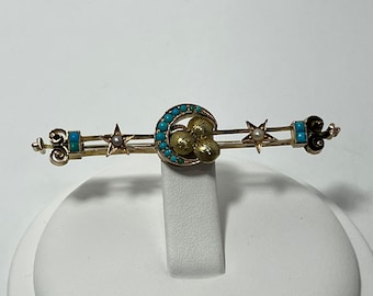 Vintage 14K Gold Masonic Brooch with Turquoise and Seed Pearls
