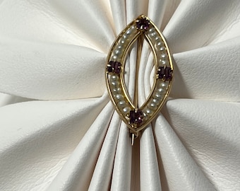 10K Vintage Gold Brooch with Amethyst and Seed Pearls