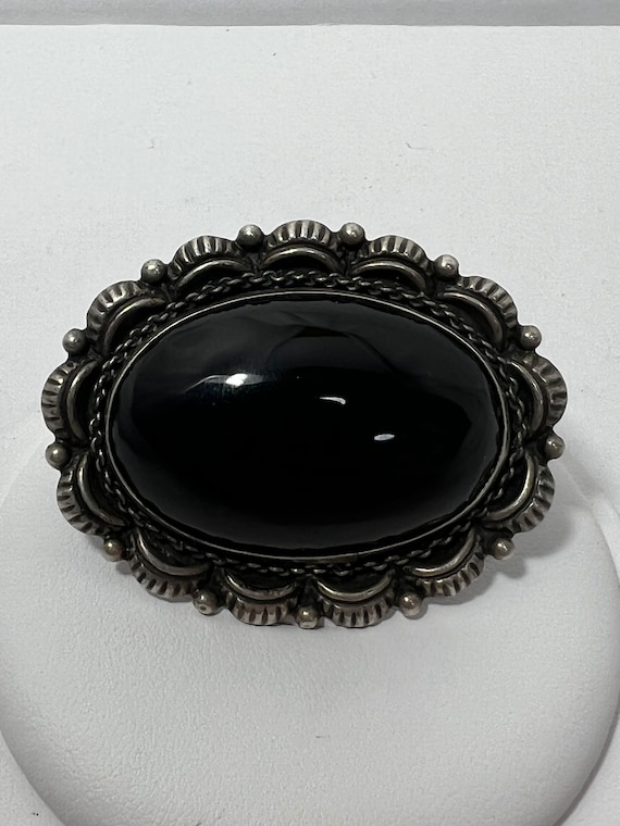 Vintage Sterling Silver Brooch with Black Glass