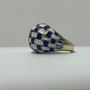Vintage 14K Yellow Gold Dome Ring with Blue and White Enamel