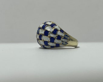 Vintage 14K Yellow Gold Dome Ring with Blue and White Enamel