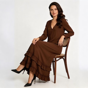 brown long sleeve t shirt dress ME+EM Ultimate Rib Shirt Midi Dress Chocolate Mlange - Women's - Cotton Rib