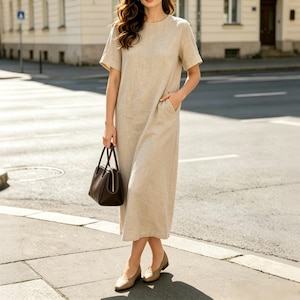 beige linen shift dress Cream Sleeveless