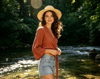 Custom Size Linen Wrap Top, Linen Kimono Blouse, Custom Linen Crop Top, Summer Wrap Shirt, Boho Linen Top, Resort Wear, Made to Order