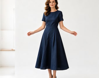 linen dress, Custom-made linen dress,short sleeves, flowing A-line linen dress, elegant and casual simple linen dress for women.