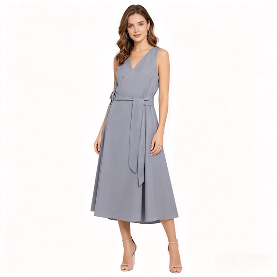 Elegant Grey Sleeveless Wrap Dress, V-neck Midi Length With Waist Belt, Perfect for Office & Events,chiffon Wrap Dress