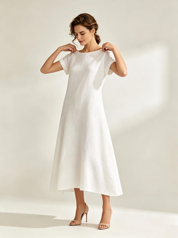 Women White Linen Midi Dress, A-line Dress Boat Neck and Cuffed Short Sleeves, Minimalist Summer Dress With Pockets