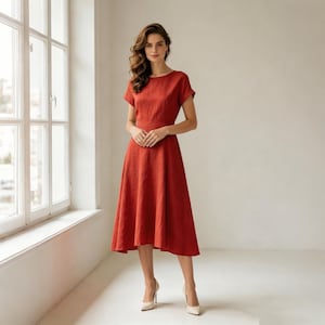 May include: A midi-length dress in a solid burnt orange color featuring a round neckline, short sleeves, and a fitted waist that transitions into a flared skirt. The garment is constructed with a visible textured fabric and falls below the knees.