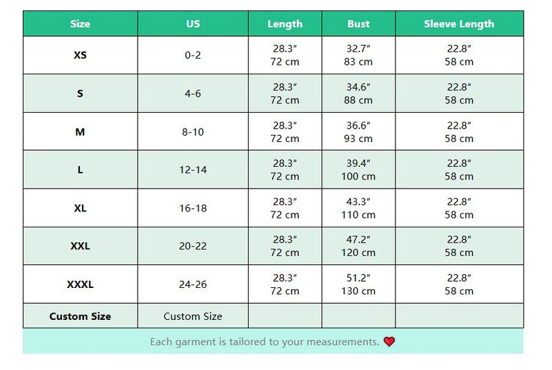 May include: A size chart table with green headers listing sizes from XS to XXXL, including US sizes 0-26, length 28.3 inches, bust 32.7-51.2 inches, and sleeve length 22.8 inches. The bottom row includes a custom size option and text about tailoring.