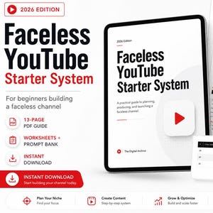 May include: A digital product titled Faceless YouTube Starter System 2026 Edition, featuring a tablet displaying the guide cover, additional pages showing worksheets and prompt banks, and text detailing a 13-page PDF guide for building a channel.