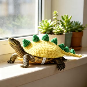 May include: A live turtle wearing a yellow crocheted shell cover with green spikes along the back. The cover is secured with a white strap around the turtle's midsection. The turtle has dark, textured skin and is positioned on a window ledge.