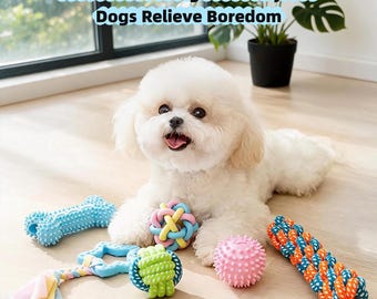 Juego de juguetes masticables para cachorros para la dentición: pelota arcoíris luminosa, hueso de goma con púas, cuerda trenzada, limpieza dental, alivio del aburrimiento.