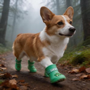 Może przedstawiać: Pies rasy Corgi o umaszczeniu brązowo-białym nosi cztery jaskrawozielone gumowe kalosze. Każdy but ma biały pasek z napisem LUCKY wydrukowanym białymi literami oraz małą grafikę zielonego dinozaura z przodu buta w okolicy palc&oacute;w.