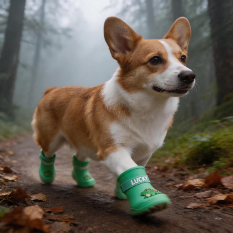 Może przedstawiać: Pies rasy Corgi o umaszczeniu brązowo-białym nosi cztery jaskrawozielone gumowe kalosze. Każdy but ma biały pasek z napisem LUCKY wydrukowanym białymi literami oraz małą grafikę zielonego dinozaura z przodu buta w okolicy palc&oacute;w.