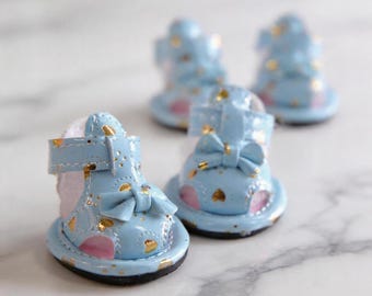 Pastel Blue Pink Red Tiny Dog Sandals: Handmade Bow, Gold Heart Dots, Soft Sole