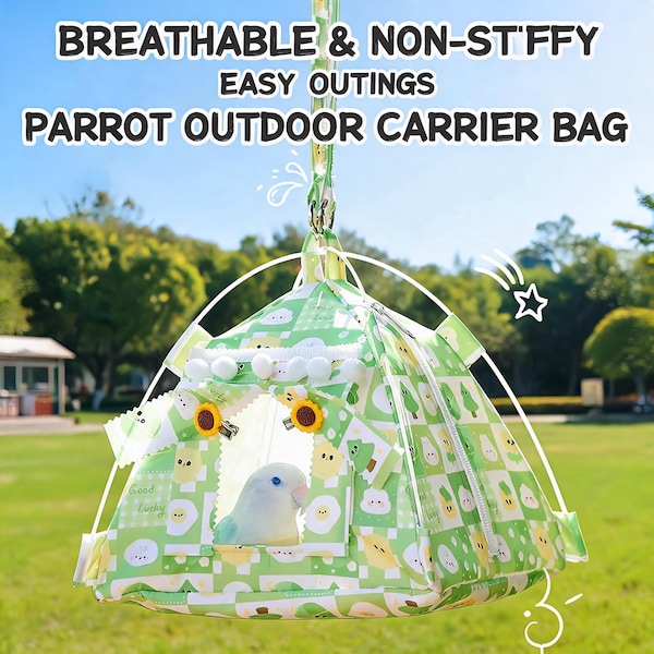 Handmade Parrot Travel Tent Carrier with Cooling Mat (Green Cartoon Egg Cloud Print)