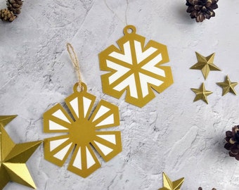 2 Gold Paper Snowflake Christmas Decorations, Snowflake Tree Ornaments