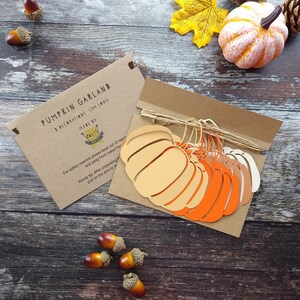 May include: A brown paper card with the text "Pumpkin Garland & Decorations 1.5m Long Made by Posy Boys" and instructions for use. The card is next to a string of orange and brown paper pumpkin cutouts.