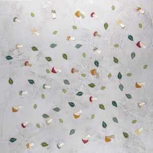 May include: A white background with a scattered pattern of green leaves and various colored mushrooms. The mushrooms are in different shapes and sizes, with some having red, yellow, or brown caps.