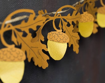 Gold oak fall garland, paper garland, oak and acorn decorations
