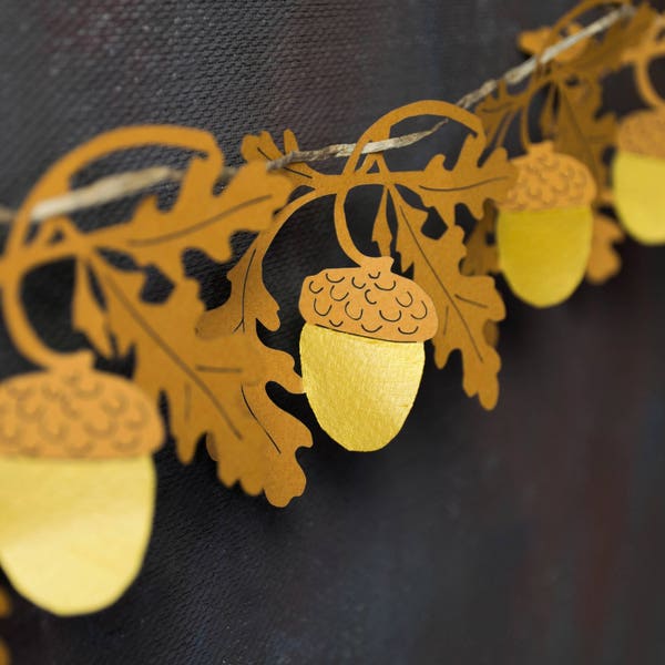 Gold oak fall garland, paper garland, oak and acorn decorations