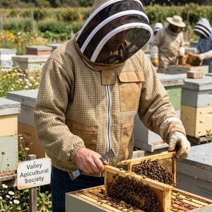 Könnte beinhalten: Eine beigefarbene Imkerjacke mit Gittermuster und schützender Netzhaube, getragen beim Halten eines mit Bienen bedeckten Holzrahmens über einer Bienenstockkiste. Ein Schild in der Nähe trägt die Aufschrift Valley Apicultural Society.