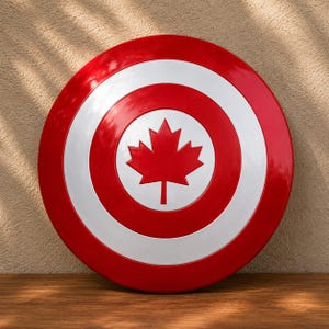 Pode incluir: Um escudo circular com um padrão concêntrico brilhante em vermelho e branco. O centro do escudo exibe um proeminente emblema de folha de bordo vermelha. O design é simétrico, com faixas alternadas em vermelho e branco a partir do centro.
