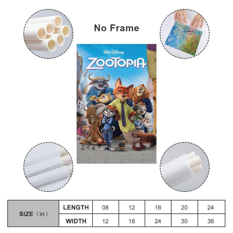 May include: A colorful poster featuring characters from the Disney movie "Zootopia." The poster has the movie title at the top and includes various animal characters. The poster is available in multiple sizes, with lengths from 8 to 24 inches and widths from 12 to 36 inches.