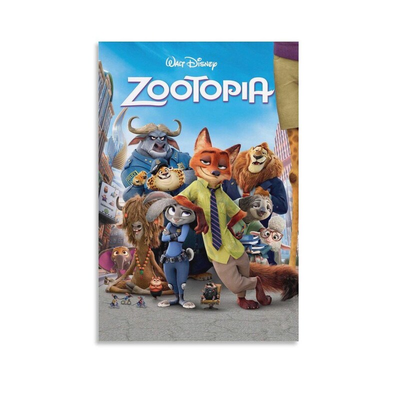 May include: A poster for the Disney animated film "Zootopia" featuring a group of anthropomorphic animal characters. The title "Zootopia" is displayed in large, blue letters against a blue sky background. The characters include a fox, a rabbit, and a lion.