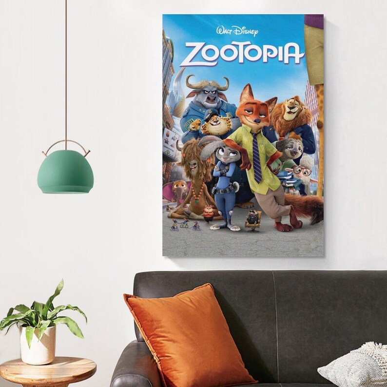 May include: A framed canvas print of the Disney animated film "Zootopia." The poster features a vibrant image of the film's characters, including a fox, a rabbit, and a lion, set against a cityscape backdrop. The title "Zootopia" is prominently displayed.