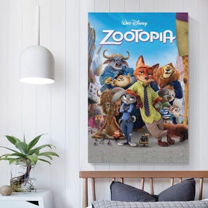 May include: A framed poster featuring the animated film "Zootopia." The poster showcases a vibrant ensemble of anthropomorphic animal characters against a cityscape backdrop. The title "Zootopia" is prominently displayed in bold, blue letters.
