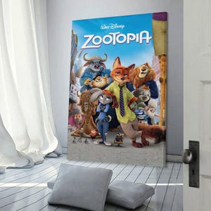 May include: A Zootopia movie poster featuring the film's characters against a blue sky background. The poster includes the Walt Disney logo and the movie title in large, colorful letters. The characters are anthropomorphic animals.