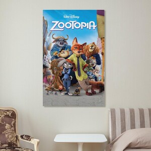 May include: A framed poster featuring the animated film "Zootopia." The poster showcases a group of anthropomorphic animal characters against a cityscape backdrop. The title "Zootopia" is prominently displayed in large, colorful letters.