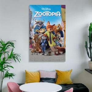 May include: A framed poster featuring the animated film "Zootopia." The poster showcases a group of anthropomorphic animal characters, including a fox, a rabbit, and a lion, set against a blue sky background. The film's title is prominently displayed at the top.