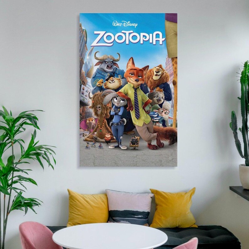May include: A framed poster featuring the animated film "Zootopia." The poster showcases a group of anthropomorphic animal characters, including a fox, a rabbit, and a lion, set against a blue sky background. The film's title is prominently displayed at the top.