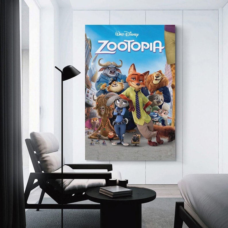 May include: A framed poster featuring the animated film "Zootopia." The poster showcases a vibrant ensemble of anthropomorphic animal characters against a cityscape backdrop. The title "Zootopia" is prominently displayed in large, stylized letters.
