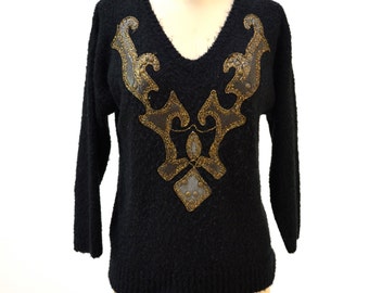 Vintage Black Sweater and Gold Metallic // 80s Black and Gold Jumper Sweater Small Medium