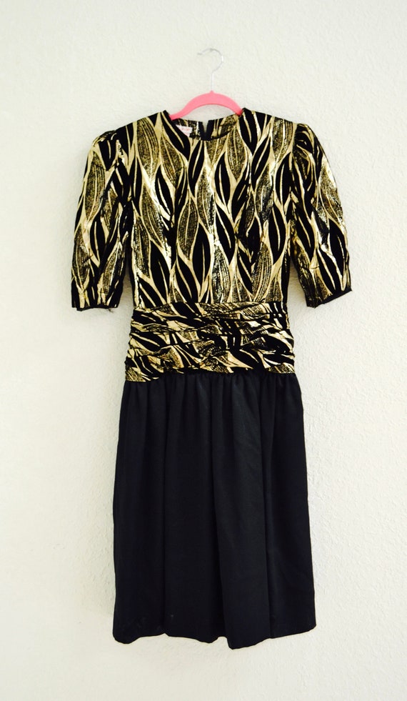 80s Metallic Prom Dress Black and Gold by Halston… - image 3